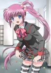  1girl bow little_busters!! lowres midori_(searchlight) pink_bow saigusa_haruka school_uniform serafuku solo striped striped_legwear thigh-highs zettai_ryouiki 