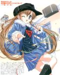  00s 1girl ;d boots braid brooks brown_hair confetti frilled_skirt frills fur_trim hat heart heart_print holding holding_microphone indoors jacket long_hair long_sleeves looking_at_viewer microphone one_eye_closed open_mouth pointing pointing_at_viewer sakuya_(sister_princess) scan sister_princess skirt smile solo tenhiro_naoto tied_hair twintails violet_eyes 