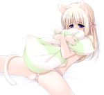  1girl animal_ears blue_eyes blush cat_ears cat_tail embarrassed ooji panties pillow ribbon solo spread_legs striped striped_panties tail twintails underwear 
