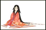  1girl black_eyes black_hair fan folding_fan go_robots japanese_clothes kimono layered_clothing layered_kimono long_hair looking_at_viewer original solo very_long_hair 