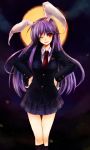  1girl animal_ears bad_id blazer female full_moon hands_on_hips long_hair moon necktie one_eye_closed plaid plaid_skirt pleated_skirt purple_hair rabbit_ears red_eyes red_necktie reisen_udongein_inaba school_uniform skirt smile solo touhou usa_(artist) usaki_(ama) wink 