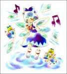  1girl blonde_hair blue_bow blue_dress blue_eyes blue_hair blush bow breasts cirno dress fairy female flying hair_bow ice ice_wings lowres mana_(artist) puffy_short_sleeves puffy_sleeves short_sleeves small_breasts solo touhou wings 