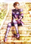  1girl armor brown_eyes brown_hair chainmail cherry_blossoms gauntlets greaves highres lips official_art petals scan sengoku_musou sengoku_musou_2 short_hair solo stairs tachibana_ginchiyo wind 