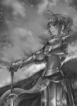  1girl 2d adapted_costume ahoge armor fate/stay_night fate_(series) gauntlets greyscale hands_on_hilt monochrome profile saber solo sword weapon 