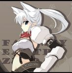  1girl animal_ears armlet blue_eyes blush breasts cat_ears fantasy_earth_zero gauntlets grey_background looking_at_viewer midriff navel ponytail puffy_short_sleeves puffy_sleeves red_scarf scarf short_sleeves simple_background solo stomach tooya touya_(the-moon) white_hair 