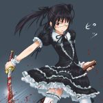  1girl blood dress eyepatch frills gintama hair_ribbon katana mosha purple_hair ribbon solo sword thigh-highs weapon yagyuu_kyuubei 