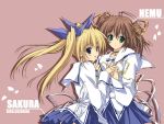  2girls asakura_nemu blonde_hair brown_hair da_capo da_capo_i green_eyes multiple_girls ribbon school_uniform serafuku suzuhira_hiro twintails wallpaper yoshino_sakura 