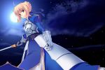  1girl ahoge armor armored_dress azu blonde_hair clouds dress excalibur fate/stay_night fate_(series) faulds full_moon gauntlets green_eyes hair_ribbon juliet_sleeves long_sleeves moon puffy_sleeves ribbon saber sky solo sword weapon 