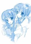  2girls aoi_nagisa blush book hair_bobbles hair_bun hair_ornament hug hug_from_behind long_hair monochrome multiple_girls ponytail school_uniform serafuku short_hair sketch strawberry_panic! suzumi_tamao 