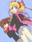  2girls :o blonde_hair blue_eyes brown_hair grey_skirt kamikita_komari little_busters!! long_sleeves looking_at_viewer miniskirt multiple_girls natsume_rin open_mouth panties pantyshot pantyshot_(standing) pink_scarf pleated_skirt ponytail red_eyes satomi_yoshitaka scarf short_hair skirt standing underwear upskirt white_panties work_in_progress 