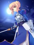  1girl ahoge armor armored_dress azu blonde_hair clenched_hand dress fate/stay_night fate_(series) full_moon gauntlets green_eyes hair_ribbon holding holding_sword holding_weapon looking_at_viewer moon night night_sky outstretched_arm ribbon saber short_hair sky solo sword unsheathed weapon 