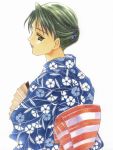  1girl 90s angel_flavor artbook fan folding_fan green_hair hair_ornament highres hiiragi_saeno japanese_clothes kimono nanase_aoi seraphim_call solo white_background 