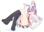  1girl animal_ears black_legwear blouse blush breasts jiangshibu!@#$ large_breasts long_hair medium_skirt necktie one_eye_closed panties pink_skirt pleated_skirt purple_hair rabbit_ears red_eyes reisen_udongein_inaba simple_background skirt solo tears touhou under_boob underwear very_long_hair white_background white_blouse white_panties 