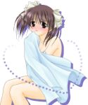  1girl blush breasts brown_eyes brown_hair cleavage collarbone embarrassed ever_17 full-face_blush looking_at_viewer matsunaga_sara simple_background sitting solo towel white_background 