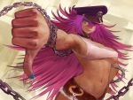  1girl big_hair blue_eyes blue_nails breasts capcom chains cleavage collar cuffs final_fight foreshortening hair_over_one_eye handcuffs hat large_breasts long_hair midriff nail_polish navel okojo peaked_cap pink_hair poison_(final_fight) short_shorts shorts sideboob smile solo spiked_collar spikes thumbs_down under_boob very_long_hair 