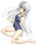  1girl ar_tonelico ar_tonelico_i barefoot blue_hair covered_navel fujimiya grey_hair gust long_hair one-piece_swimsuit school_swimsuit shurelia silver_hair sitting smile solo swimsuit white_background yokozuwari 