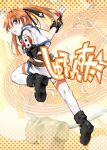  1girl ankle_boots bare_legs belt black_boots black_gloves blue_eyes boots buckle cross_mirage dress dual_wielding from_behind full_body gloves gun kakashichi kneepits looking_at_viewer looking_back lyrical_nanoha mahou_shoujo_lyrical_nanoha mahou_shoujo_lyrical_nanoha_strikers simon solo teana_lanster thigh-highs uniform weapon white_dress yellow_background 