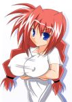  1girl alternate_breast_size bangs blue_eyes braid breast_hold breasts crossed_arms dress erect_nipples from_side huge_breasts large_breasts light_smile long_hair looking_at_viewer lyrical_nanoha mahou_shoujo_lyrical_nanoha mahou_shoujo_lyrical_nanoha_a&#039;s no_bra older redhead scrunchie shadow shirt short_sleeves simple_background sketch smile solo t-shirt taut_clothes taut_dress twin_braids upper_body vita white_background white_dress 