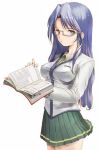  blue_eyes blue_hair book glasses long_hair school_uniform serafuku yurikuta_tsukumi 