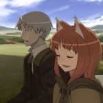  1boy 1girl animal_ears cloak closed_eyes craft_lawrence go_robots holo jacket spice_and_wolf wolf_ears 