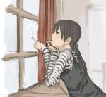 1girl black_hair braid dress long_hair original shirt solo striped striped_shirt tamaru_tokihiko twin_braids window 