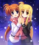  2girls blonde_hair blue_hair breath fate_testarossa hand_holding long_hair lyrical_nanoha mahou_shoujo_lyrical_nanoha mahou_shoujo_lyrical_nanoha_strikers military military_uniform multiple_girls rakkyo red_eyes redhead scarf shared_scarf side_ponytail snow takamachi_nanoha tree uniform violet_eyes yuri yuumin 