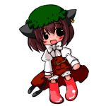  1girl animal_ears boots brown_hair cat_ears cat_tail chen chibi earrings female full_body futami_yayoi hat jewelry lowres multiple_tails rubber_boots short_hair simple_background solo tail touhou 
