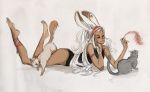  1girl animal_ears arm_support ass barefoot cat feathers feet final_fantasy final_fantasy_xii full_body legs_up long_hair lying on_stomach one-piece_swimsuit rabbit_ears sketch soles solo square_enix swimsuit toe-point viera white_hair 