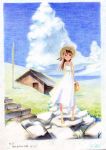  1girl basket clouds colored_pencil_(medium) dress grass hat house original sandals sky sundress traditional_media yelansu 