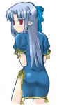  00s 1girl blue_hair blush china_dress chinese_clothes dress from_behind half_updo len looking_back melty_blood pointy_ears red_eyes side_slit solo tsukihime type-moon 