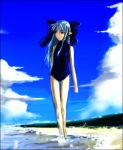  00s 1girl blue_hair half_updo len melty_blood one-piece_swimsuit pointy_ears red_eyes solo swimsuit tsukihime type-moon 