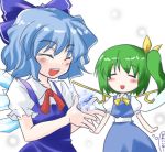  2girls cirno daiyousei female multiple_girls snowflakes the_embodiment_of_scarlet_devil touhou translation_request wings 