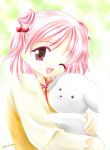  1girl :3 ;d bell dog double_bun ever_17 flat_chest fog hair_bobbles hair_ornament holding hug jingle_bell min one_eye_closed open_mouth pink_eyes pink_hair puppy raglan_sleeves ribbon short_hair short_twintails signature smile solo stuffed_animal stuffed_toy twintails yagami_coco 