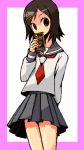  1girl alternate_hairstyle bare_legs brown_eyes brown_hair chocolate chocolate_bar cowboy_shot fuura_kafuka grey_skirt meiji_(brand) oekaki outside_border pleated_skirt sayonara_zetsubou_sensei school_uniform serafuku shirono simple_background skirt solo white_background 