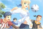  1girl 3boys ahoge ball black_hair blonde_hair brown_hair clouds fate/hollow_ataraxia fate/stay_night fate_(series) green_eyes hair_ribbon highres multiple_boys ribbon roteiro saber sky soccer soccer_ball sport takeuchi_takashi tree type-moon 