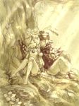  1boy 1girl analog braid closed_eyes hat_feather ingway_(odin_sphere) mercedes monochrome odin_sphere sketch sleeping tamachi_kuwa traditional_media twin_braids yellow 