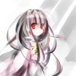  1girl bangs blunt_bangs bow bowtie closed_mouth crazy_eyes evil_smile female houraisan_kaguya long_hair long_sleeves looking_at_viewer oouso_(usotsukiya) red_eyes shaded_face smile solo staring touhou upper_body very_long_hair yellow_bow yellow_bowtie 