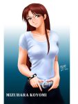  1girl alternate_costume artist_name azumanga_daioh belt blue_background bracelet brown_eyes brown_hair character_name collarbone dated glasses gradient gradient_background jewelry long_hair mizuhara_koyomi renn shirt signature solo white_shirt 