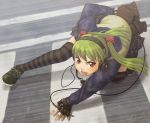 1girl action all_fours angry fighting_stance fingerless_gloves gloves green_hair headphones itou_(onsoku_tassha) onnsoku open_mouth original red_eyes ribbon road shoes skirt sneakers street striped striped_legwear thigh-highs twintails 