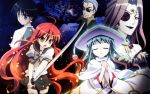  2boys 3girls alastor_(shakugan_no_shana) bel_peol hecate highres jewelry katana multiple_boys multiple_girls pendant redhead sakai_yuuji school_uniform serafuku shakugan_no_shana shana sword sydonay wallpaper weapon 