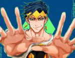  1boy blurry depth_of_field earrings green_hair grok hands headband jewelry jojo_no_kimyou_na_bouken kishibe_rohan solo 