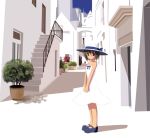  aikawa_touma brown_eyes brown_hair city dress hat mary_janes shoes short_hair sun_hat sundress town white 