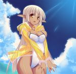  1girl breast_squeeze breasts clouds curvy dark_elf dark_skin elf erect_nipples highleg highleg_swimsuit large_breasts long_hair ocean one-piece_swimsuit open_mouth original pointy_ears see-through shimakaze sky smile solo summer sunlight swimsuit tan thighs water white_hair yellow_eyes 