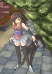  1girl brown_hair flower kunai ninja original solo takeki_(nibelungen) thigh-highs weapon zettai_ryouiki 