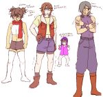  4boys allelujah_haptism bare_shoulders belt boots brown_boots buckle crossed_arms full_body gundam gundam_00 hand_on_hip knee_boots lockon_stratos looking_at_viewer male_focus multiple_boys muscle navel okayu_(pieno) open_clothes open_vest red_scarf scarf setsuna_f_seiei shorts standing stomach tank_top tieria_erde translation_request twintails uniform vest 