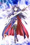  1girl breasts cape cleavage closed_eyes highres long_hair medium_breasts purple_hair solo sword thigh-highs weapon 