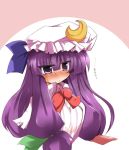  1girl bangs blunt_bangs blush bow bowtie crescent dress female frills hat jitome long_sleeves mob_cap patchouli_knowledge purple_hair red_bow red_bowtie shirogane_(platinum) simple_background solo touhou upper_body violet_eyes white_background white_dress 