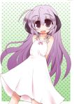  1girl dress hanyuu higurashi_no_naku_koro_ni horns long_hair open_mouth purple_hair shirogane_(platinum) smile solo violet_eyes 