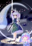  2girls :d arms_up chibi_inset clock dual_wielding female katana konpaku_youmu konpaku_youmu_(ghost) magic_circle multiple_girls open_mouth outstretched_arms petals red_(artist) red_(red-sight) red_eyes saigyouji_yuyuko short_hair smile sword touhou weapon white_hair 