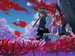  2girls absurdres blue_eyes bow cherry_blossoms female flower from_below green_hair hair_bobbles hair_ornament hat highres japanese_clothes multiple_girls onozuka_komachi petals pink_hair red_eyes rod_of_remorse scythe shiki_eiki short_hair short_twintails sitting sky spider_lily touhou twintails wallpaper yuuki_tatsuya 